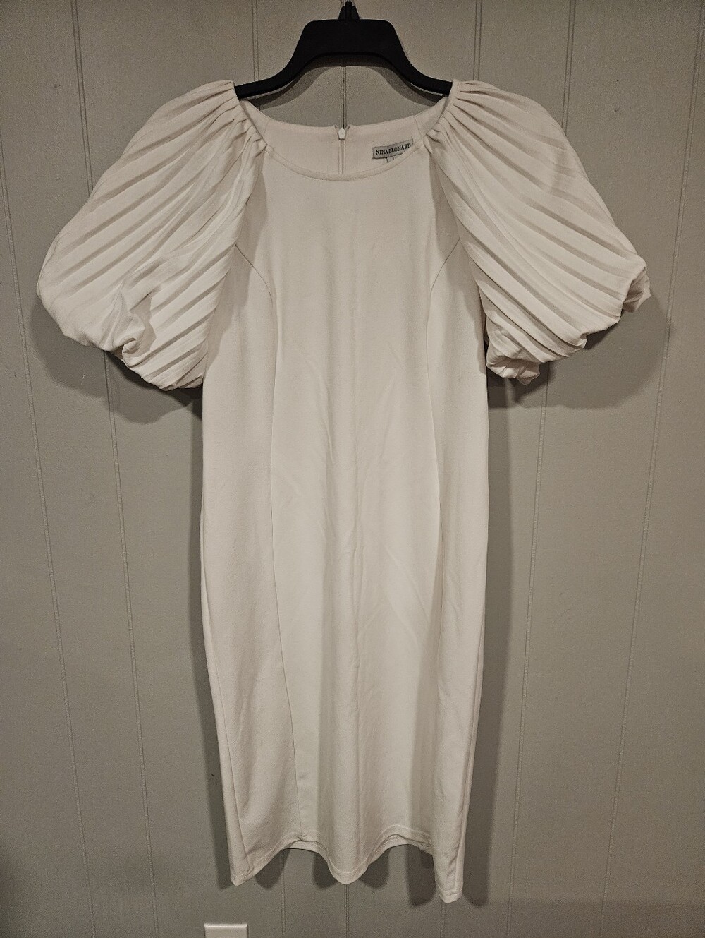 Nina Leonard White Midi Dress Womens Large Pleated Puff Sleeves Stretch Back Zip